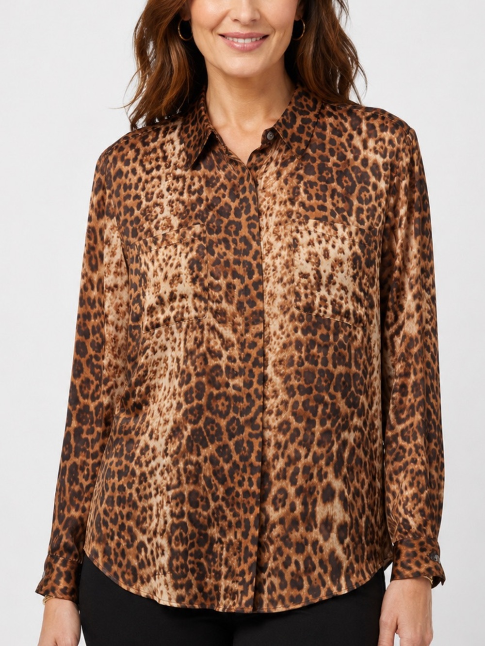 Chico’s Leopard Animal Print Button Front Blouse Sheer Long Sleeve Career Size 3